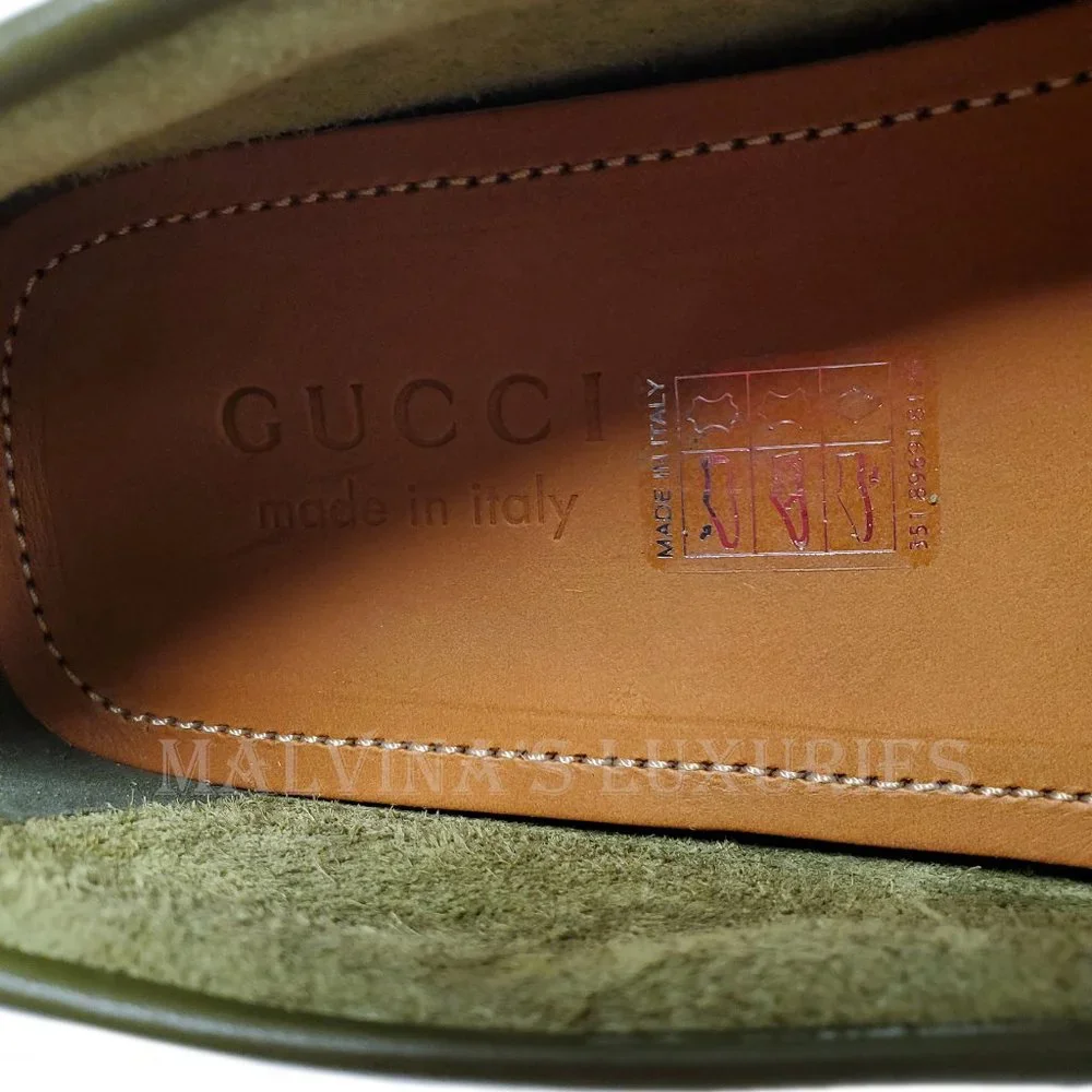 GUCCI SHOES MENS LOAFERS MOCCASINS G LOGO GREEN LEATHER sz 9G 9.5